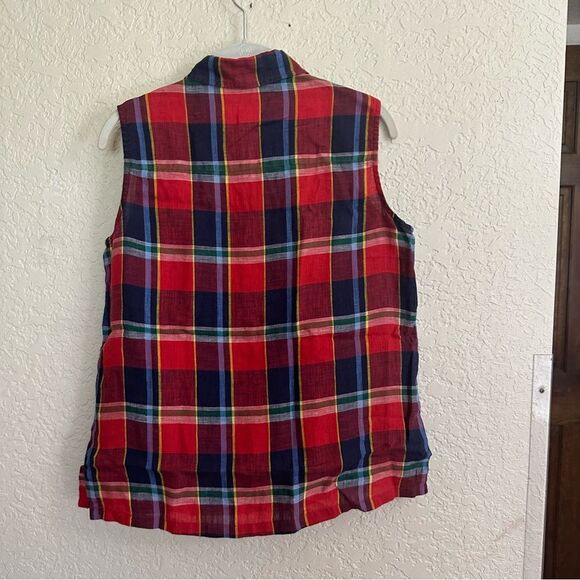 Jones New York Red Blue Plaid Linen Sleeveless Collar Button Shirt SIZE 8 - Picture 4 of 7